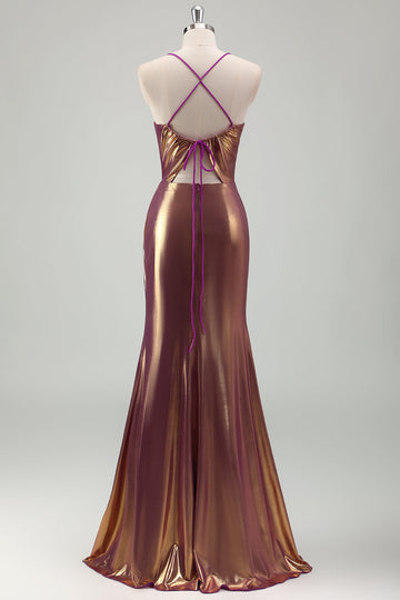 Metallic Gold Mermaid Spaghetti Straps increspato lungo Prom Dress con fessura